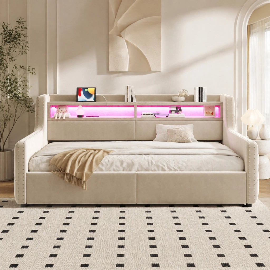 Divano letto 90 × 200 cm con contenitore idraulico LED ripiano prese USB e Type-C in velluto beige con rete a doghe