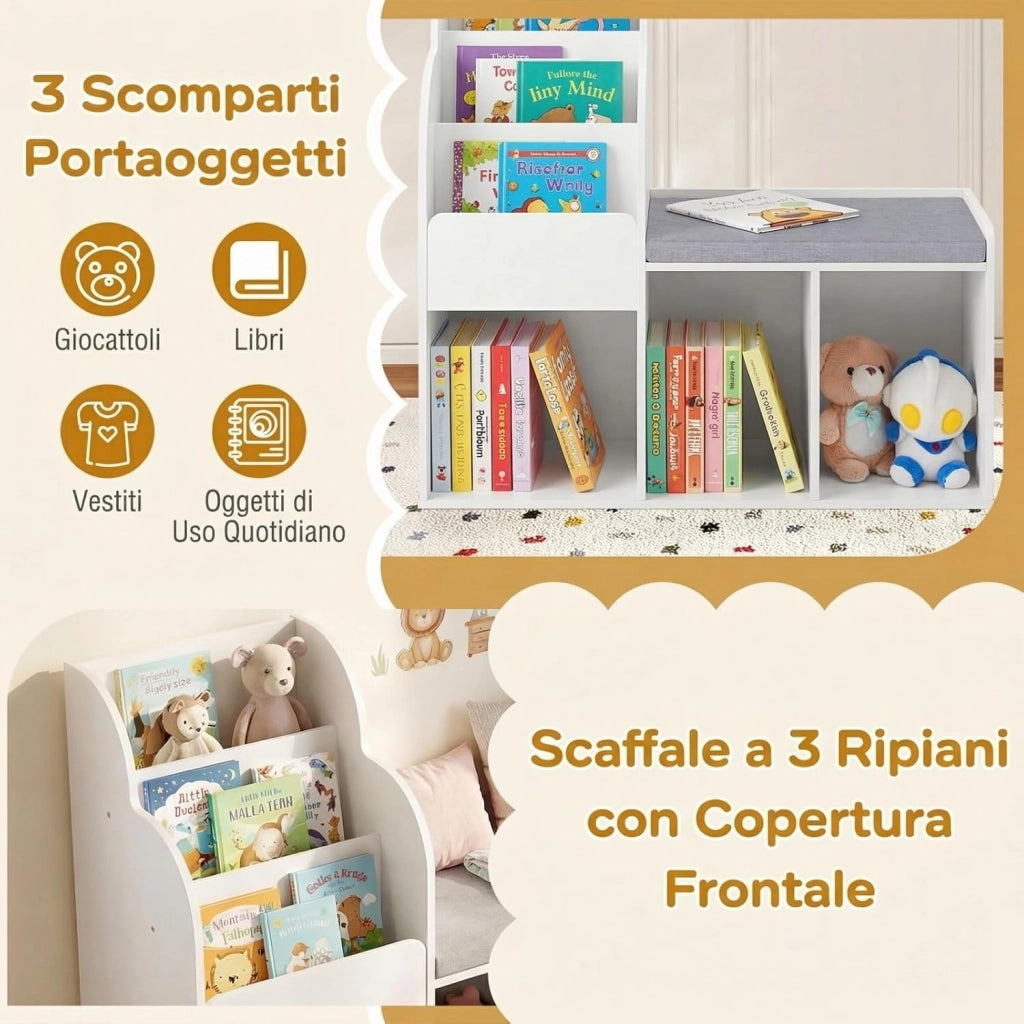 Libreria Montessori per Bambini con Panca Imbottita
Angolo Lettura con Scaffale a 3 Ripiani, 3 Scomparti Portaoggetti e Spazio Nascosto, Salvaspazio, 80 x 29,5 x 81,5 cm