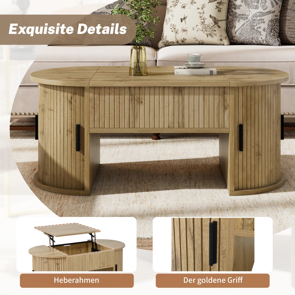 Tavolino basso sollevabile con piano regolabile e ripiani aperti in MDF effetto rovere, ovale, 100 × 50 × 40,5 cm