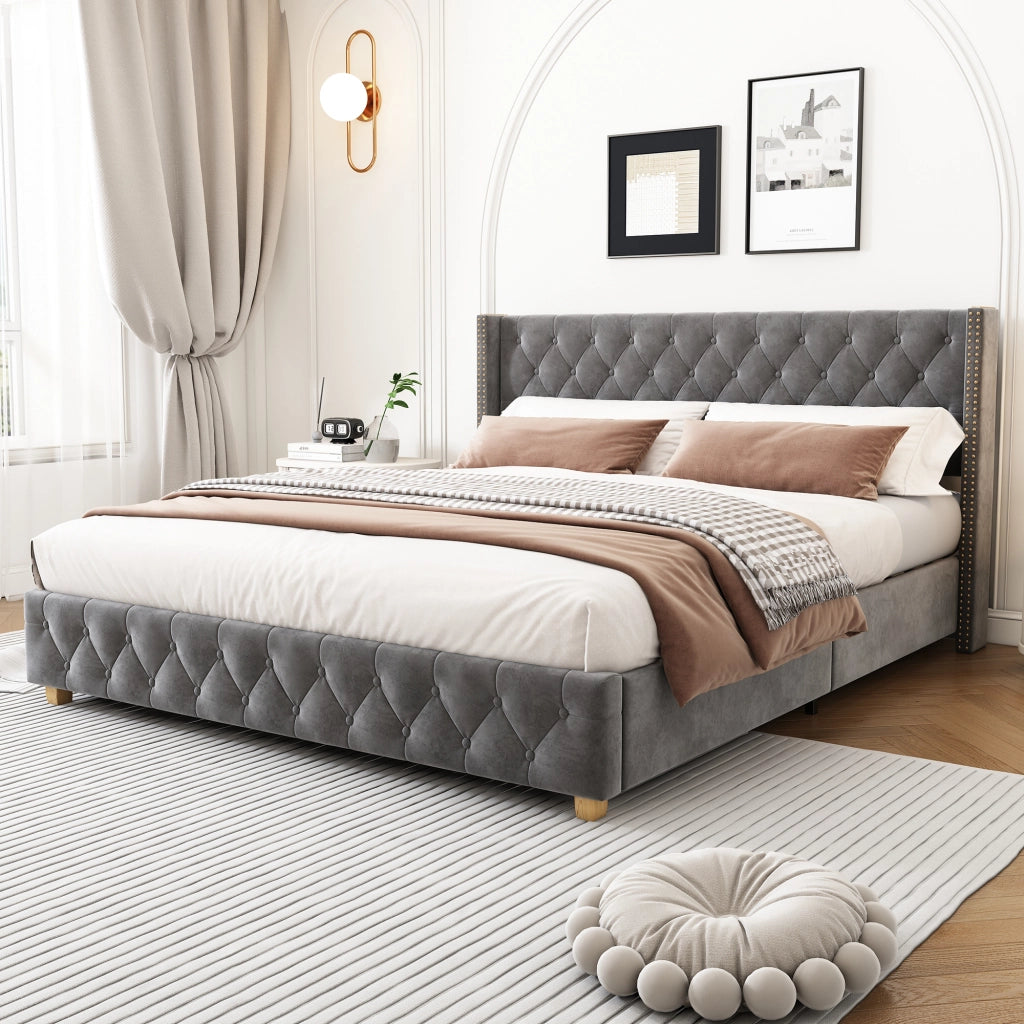 Letto imbottito 140 × 190 cm con rete a doghe testiera capitonné rivestito in velluto grigio
