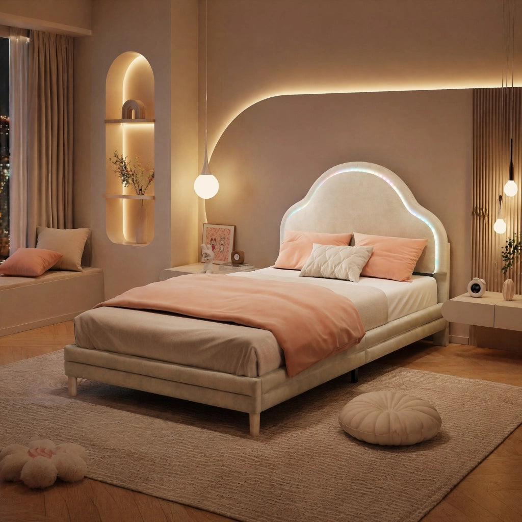 Letto singolo 90 × 200 cm con testiera a nuvola imbottita LED multicolore in velluto beige con 14 doghe in legno