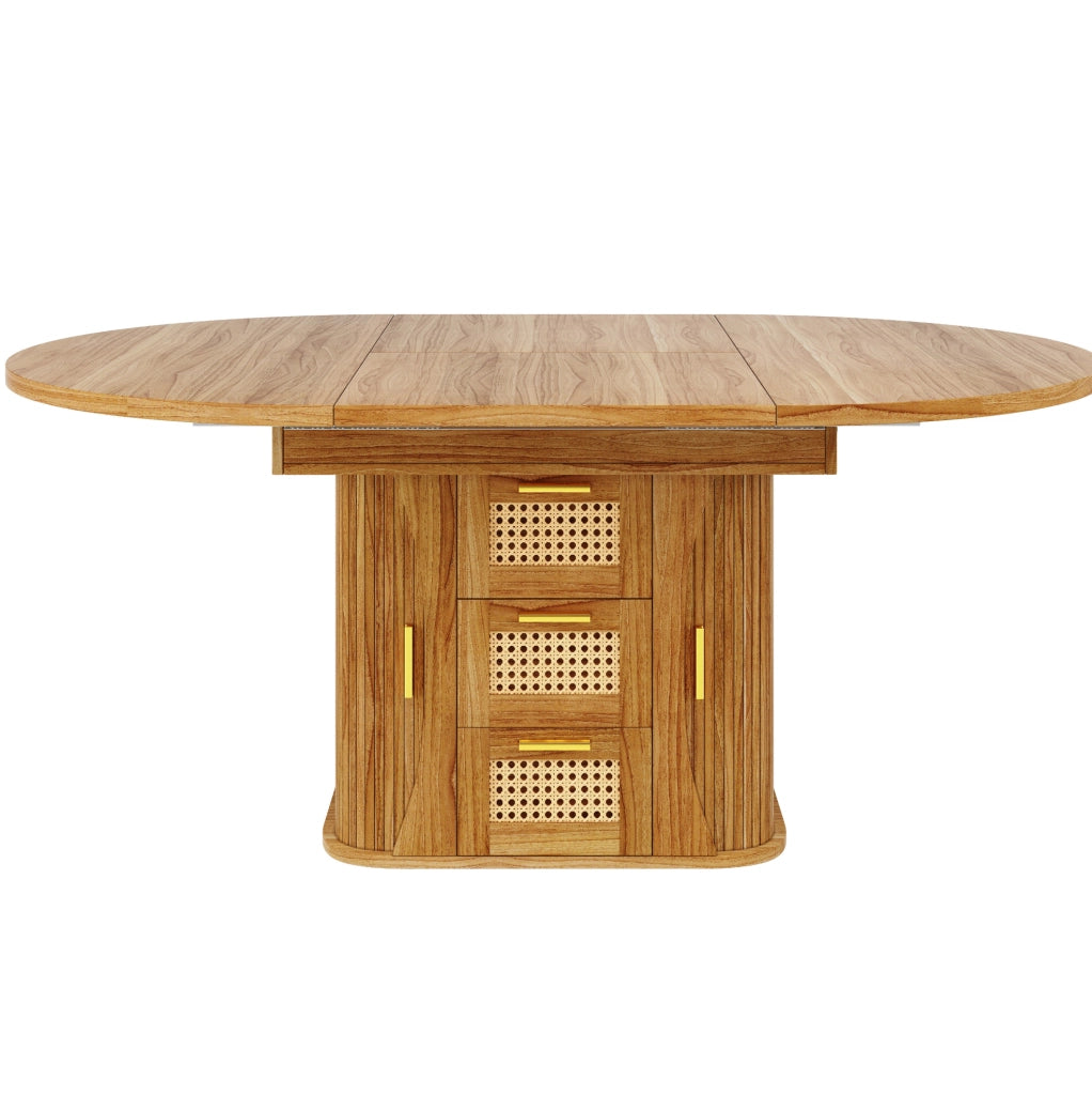 Tavolo da pranzo allungabile con cassetti in rattan, MDF effetto legno, 118-158 cm, nero/naturale/marrone