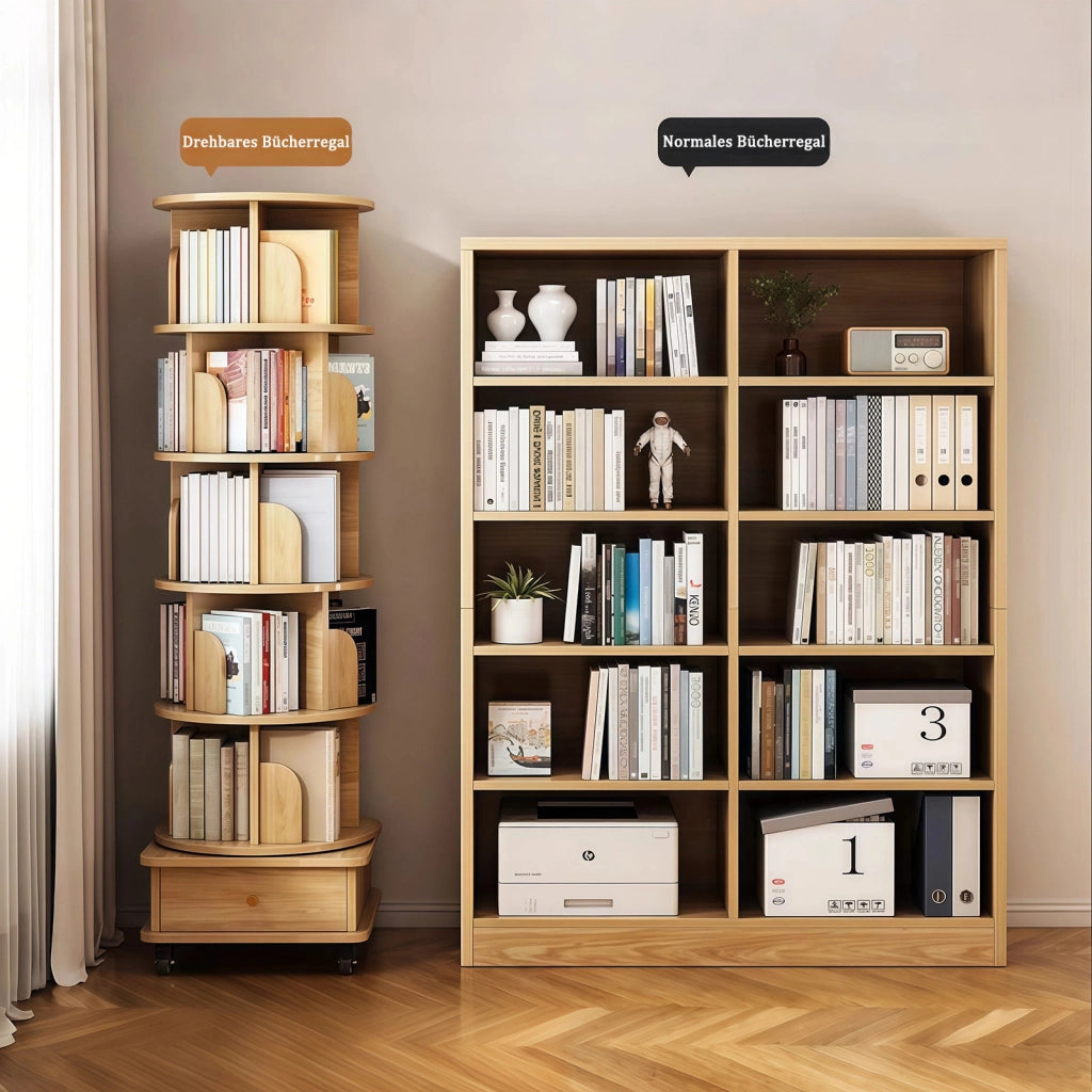 Libreria girevole 360° con rotelle e cassetto per piccoli spazi in MDF legno per soggiorno e camera da letto 58 × 56 × 29 cm