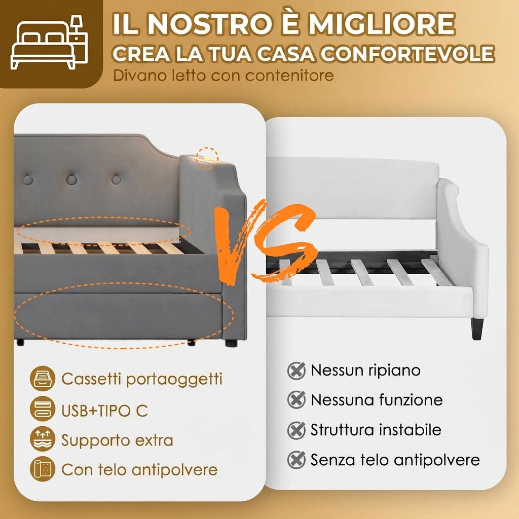 Divano letto singolo 90x200 con USB e luce di lettura; letto imbottito in velluto grigio con 2 cassetti
