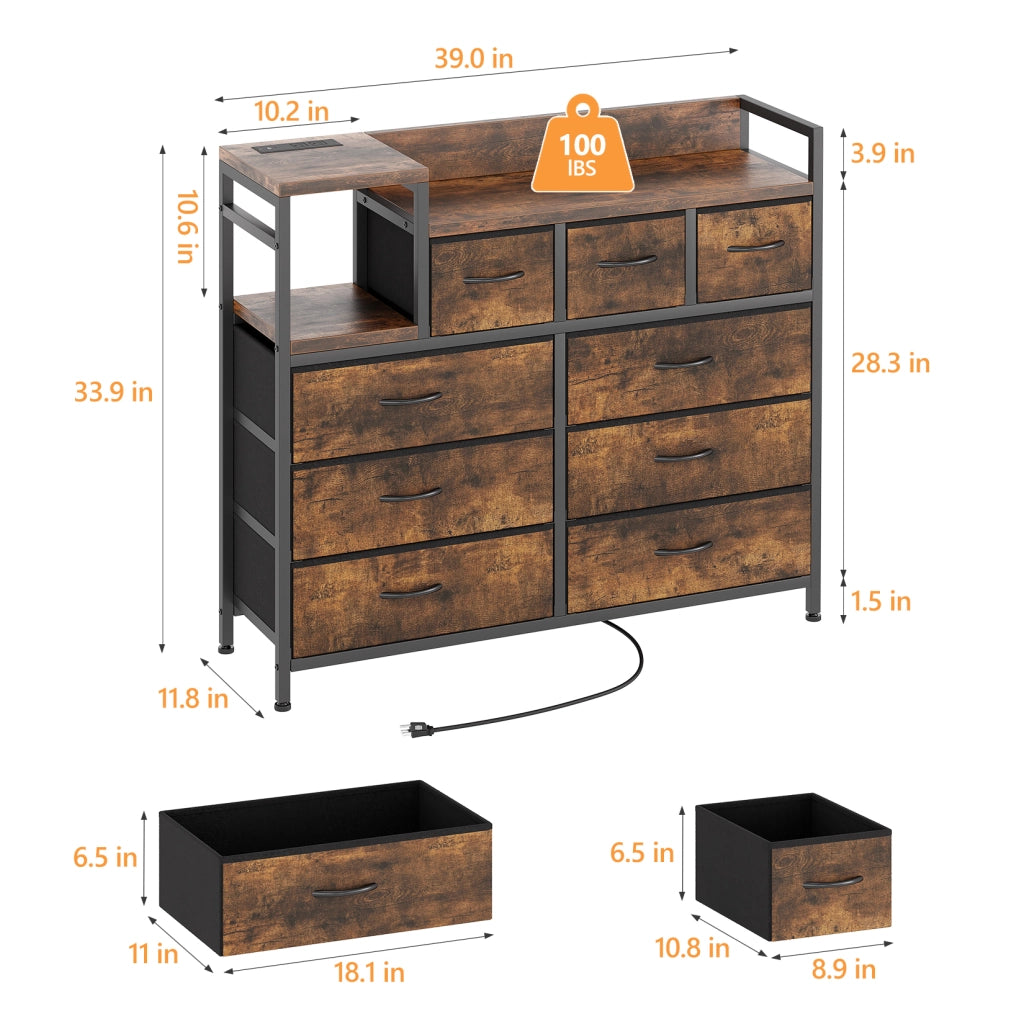 Cassettiera 9 Cassetti in Tessuto con 2 Prese AC e 2 Porte USB Mobile Madia Salvaspazio 100x30x86cm Marrone