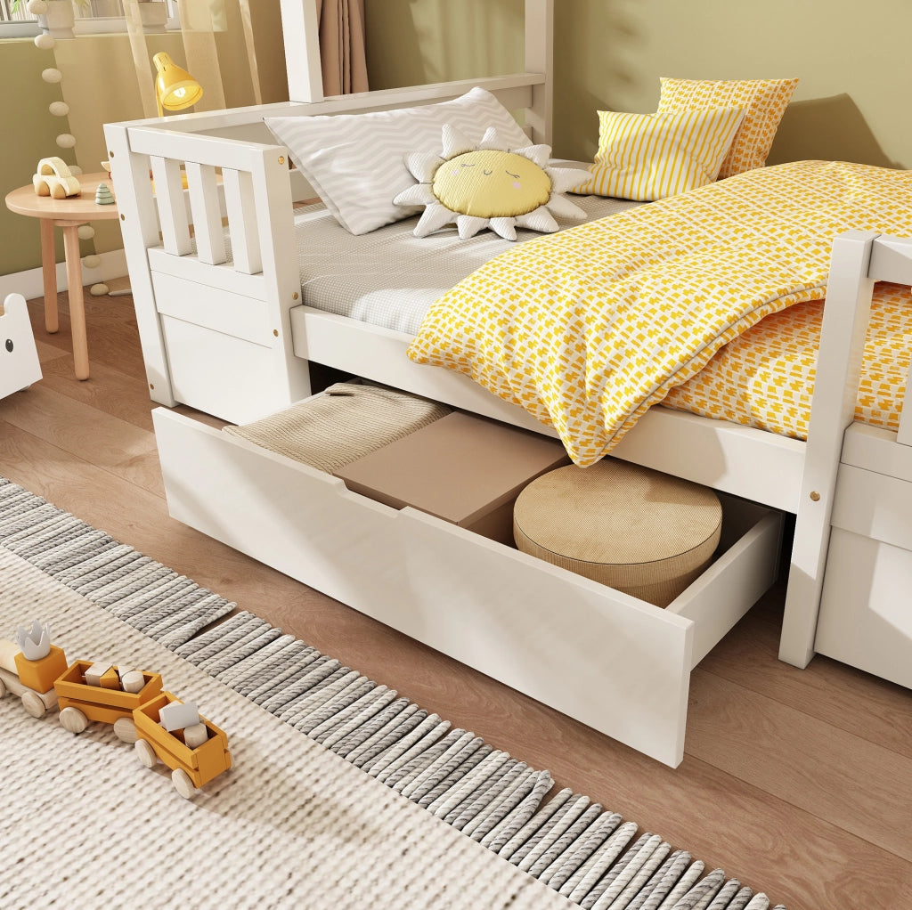 Letto a castello per 3 bambini 90x200 e 140x200 cm con scala-armadio e cassetti bianco HOMVRA
