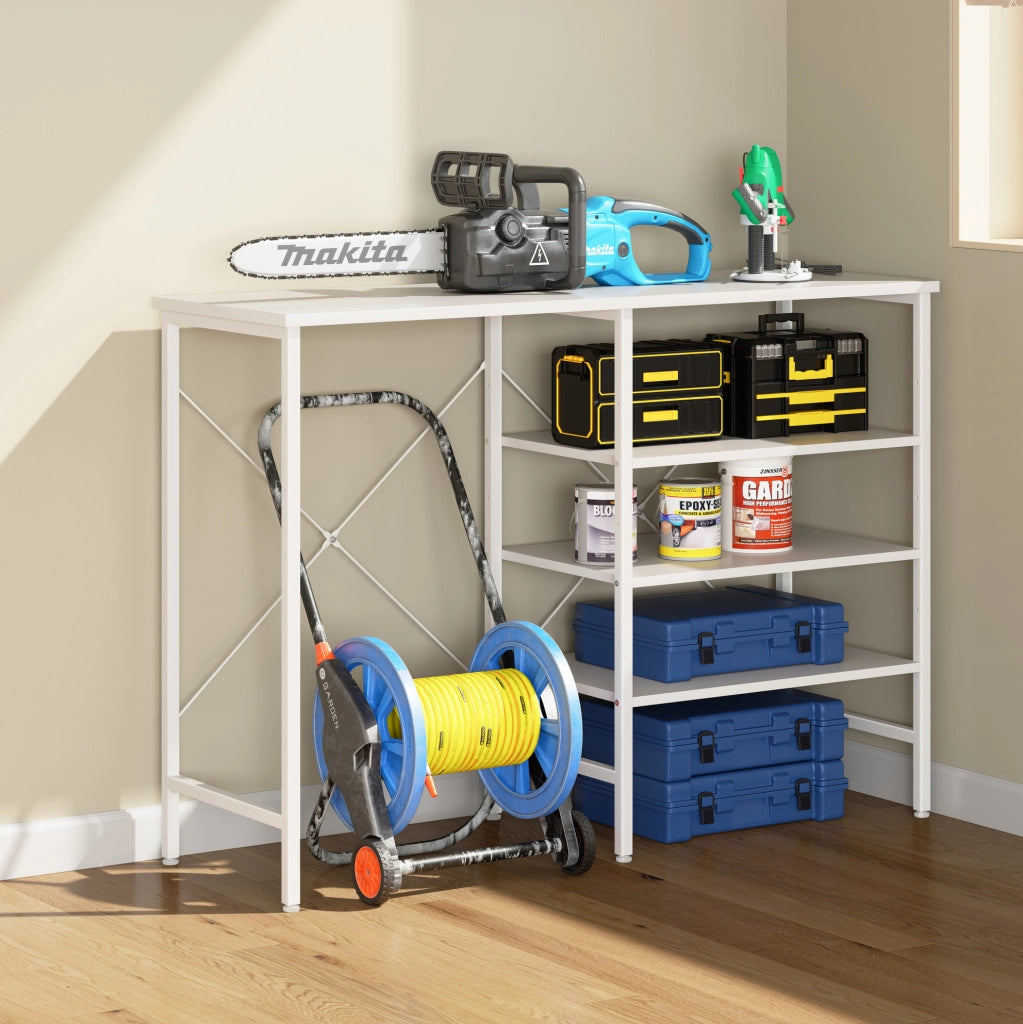 Tavolo Organizer Multifunzionale 120x40x85,5 cm con Struttura in Metallo e Piano Bianco, Montaggio Flessibile per Cucina, Soggiorno, Cantina e Garage