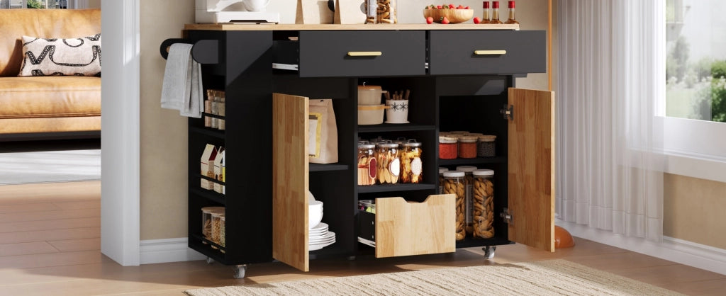 Isola cucina mobile con piano allungabile, carrello con 3 cestoni e scaffale porta spezie, 120 × 45(71) × 90 cm, mobili con ruote bloccabili