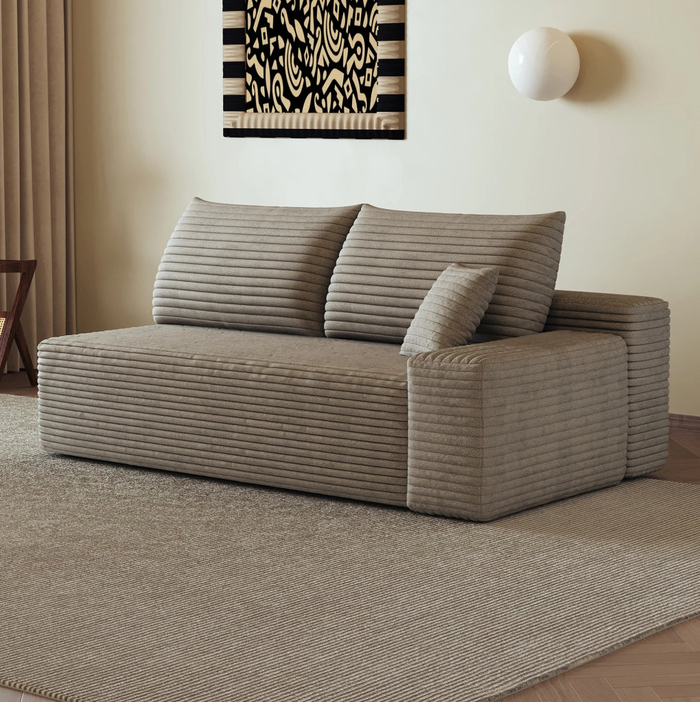 Divano modulare 2 posti con chaise longue destra, colore camel, in tessuto effetto velluto a coste