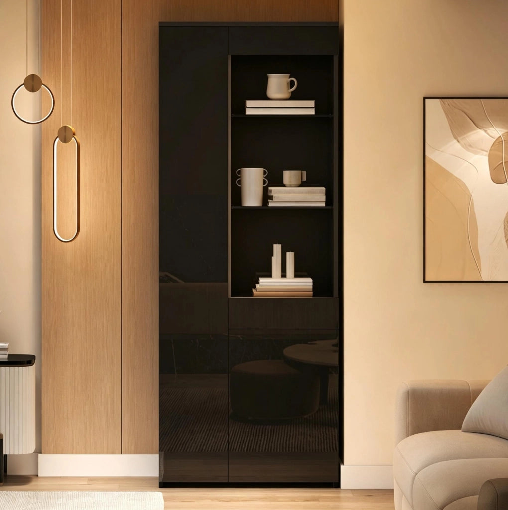 Vetrina nera in pannelli truciolari 70x35x180 cm con LED, due ante, cassetto e ripiani in vetro temperato