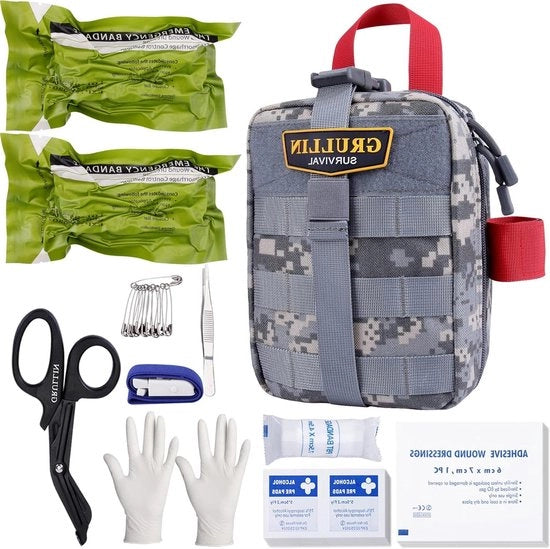 Kit di Emergenza Tattico Medio per Campo Esterno Kit di Primo Soccorso per Avventura, Caccia, Campeggio, Escursioni e Viaggi in Camuffamento Grigio Scuro