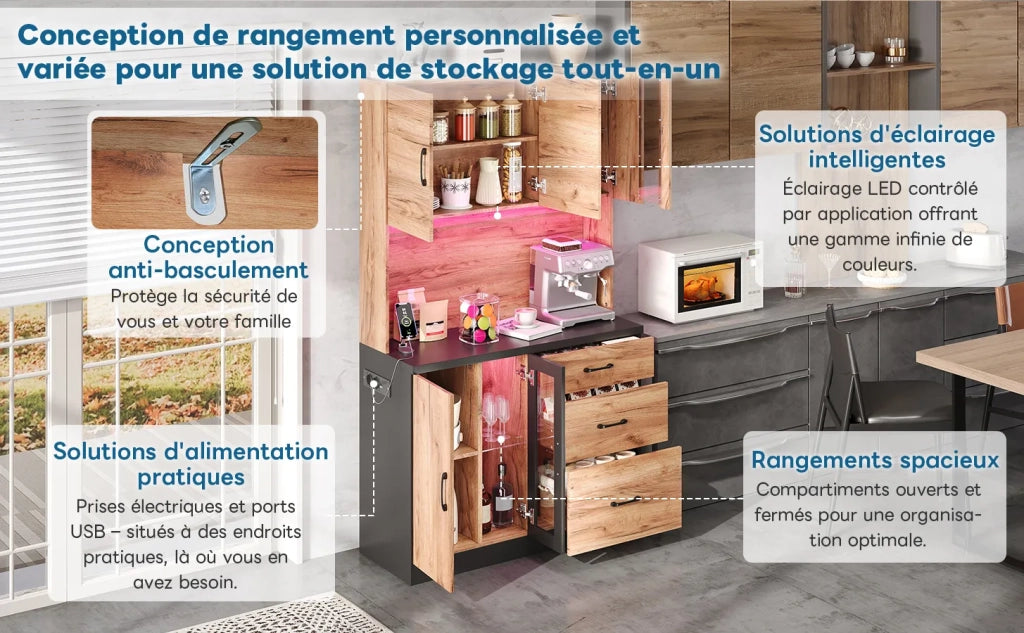 Armadio alto da cucina moderno 105x40x180 cm, nero e effetto legno, con illuminazione LED, ripiani regolabili e presa europea. Per cucina, sala da pranzo, soggiorno