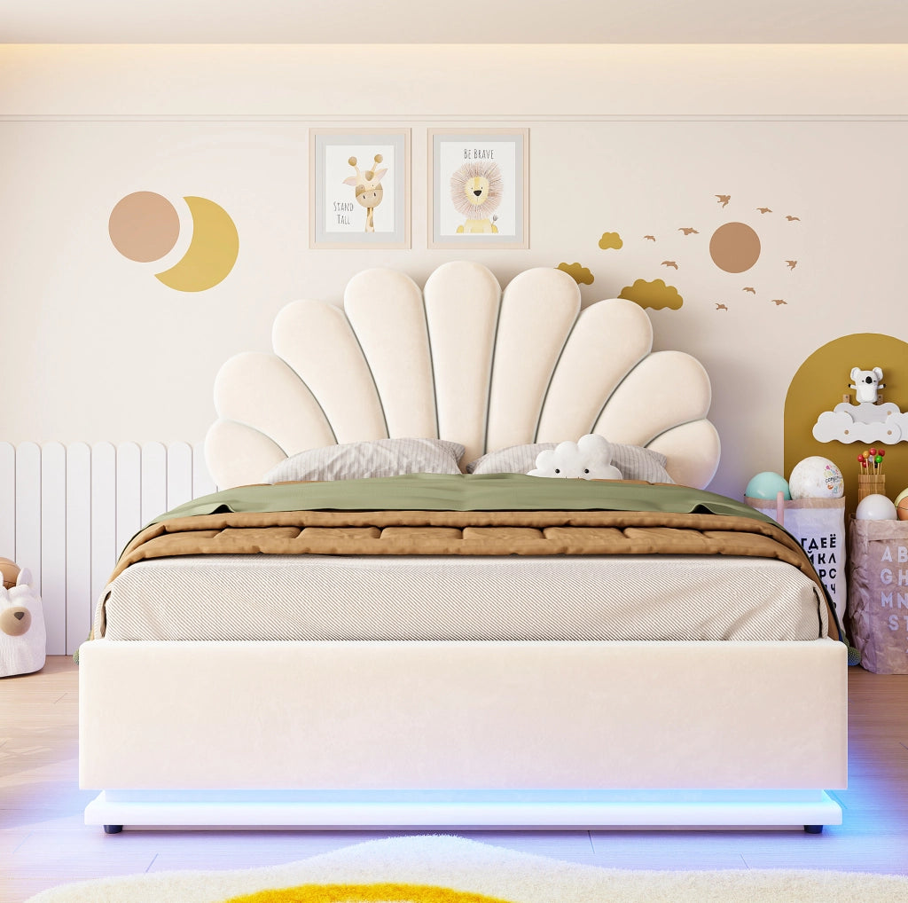 LETTO Contenitore LED 140x200 cm Velluto Beige