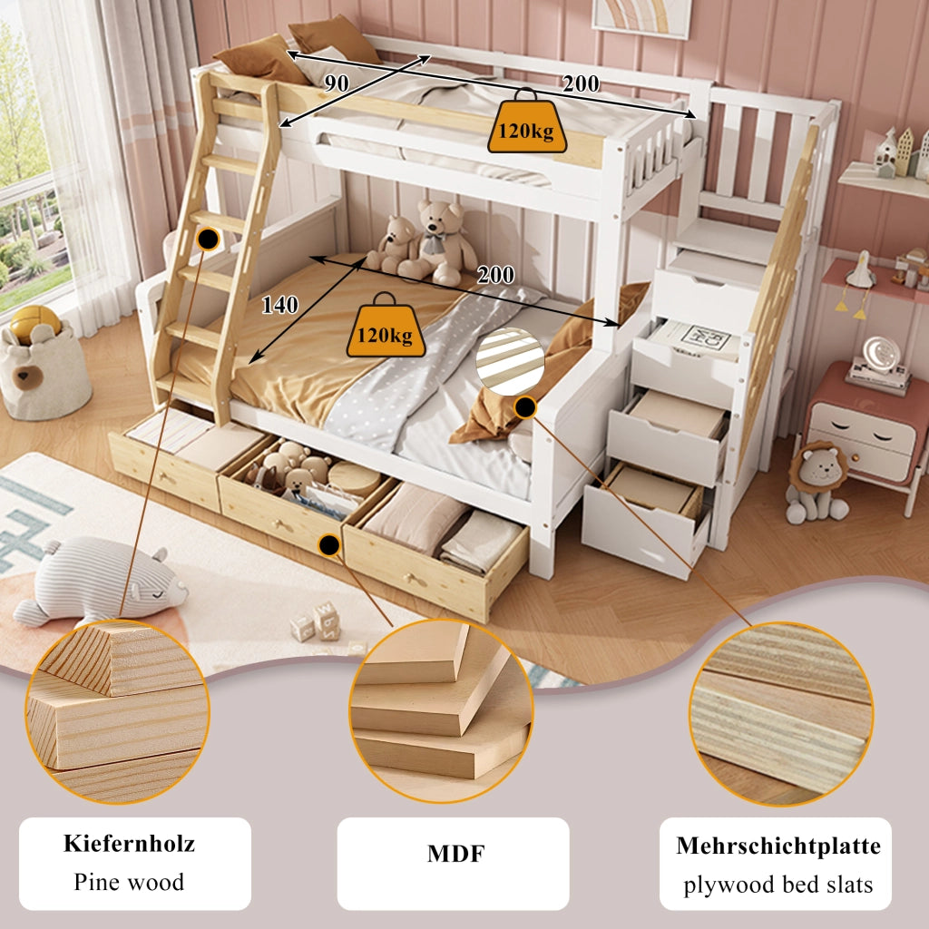 Letto a castello 90x200 e 140x200 cm in pino e MDF; bianco e naturale; con scala contenitore e 3 cassetti per cameretta