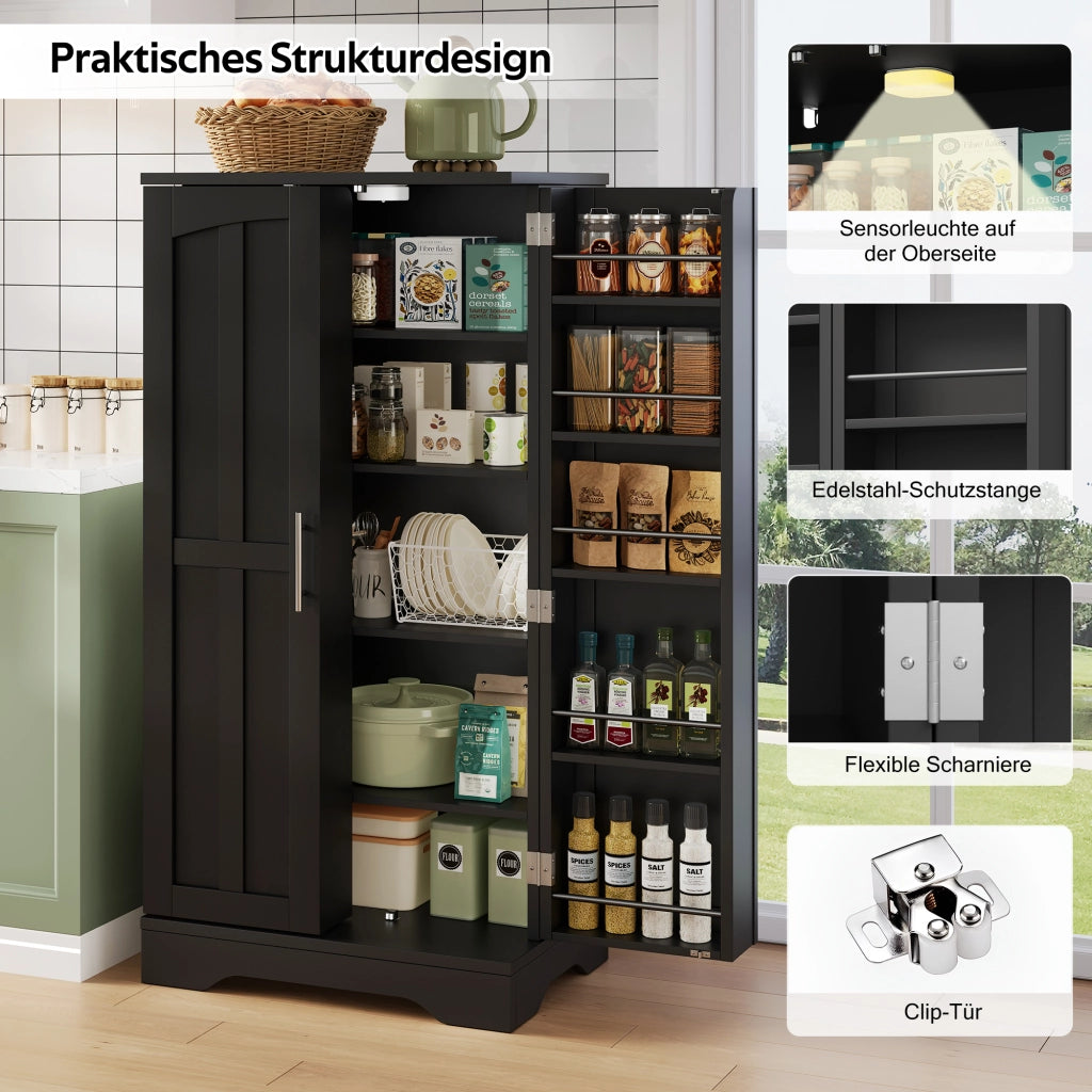 Armadio alto da cucina con luce LED con sensore; ripiano regolabile e ripiano sulla porta; MDF nero; 120 × 60 × 40 cm