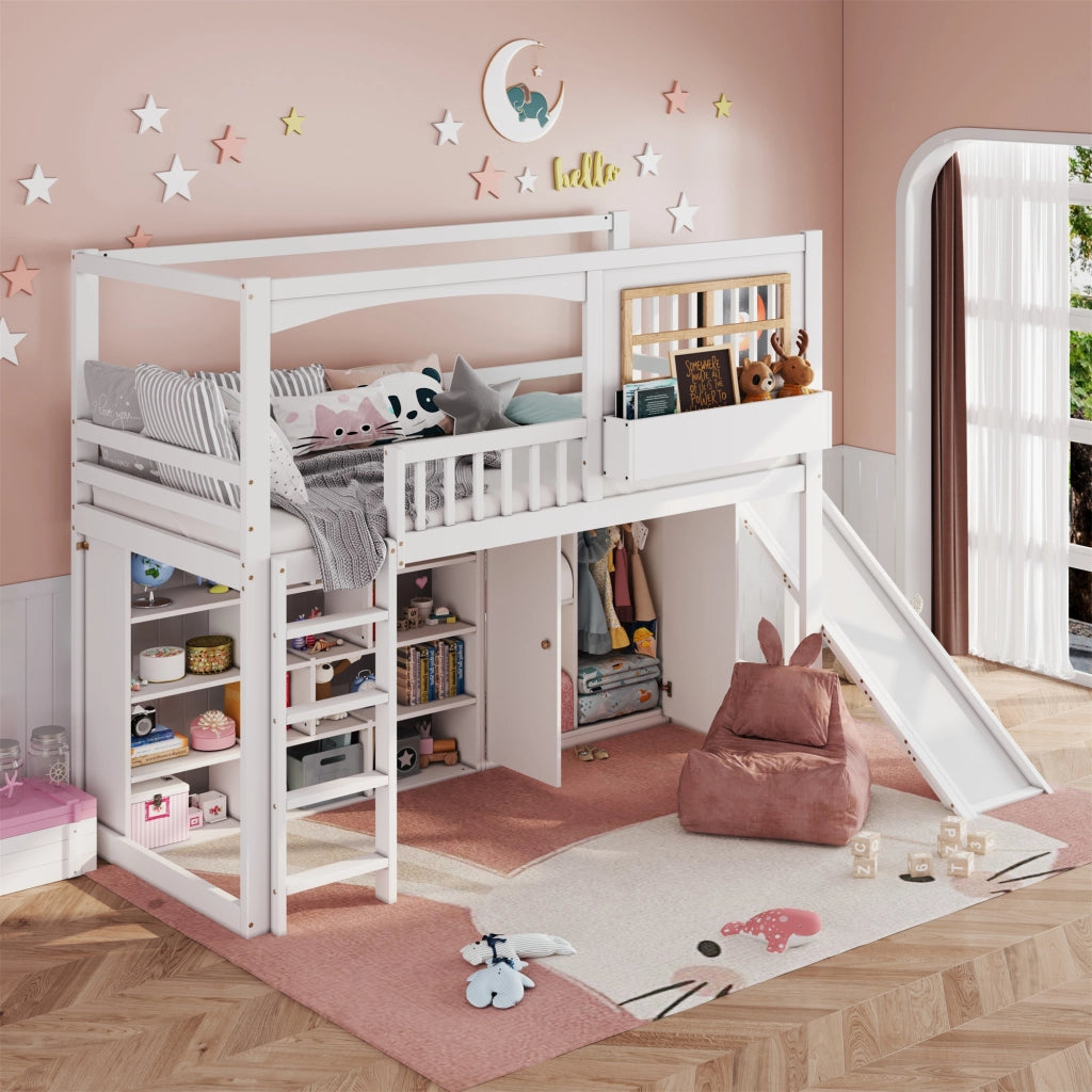 Letto a soppalco per bambini con scivolo; armadio e ripiani; in pino; MDF e compensato; bianco e naturale; 90x200 cm