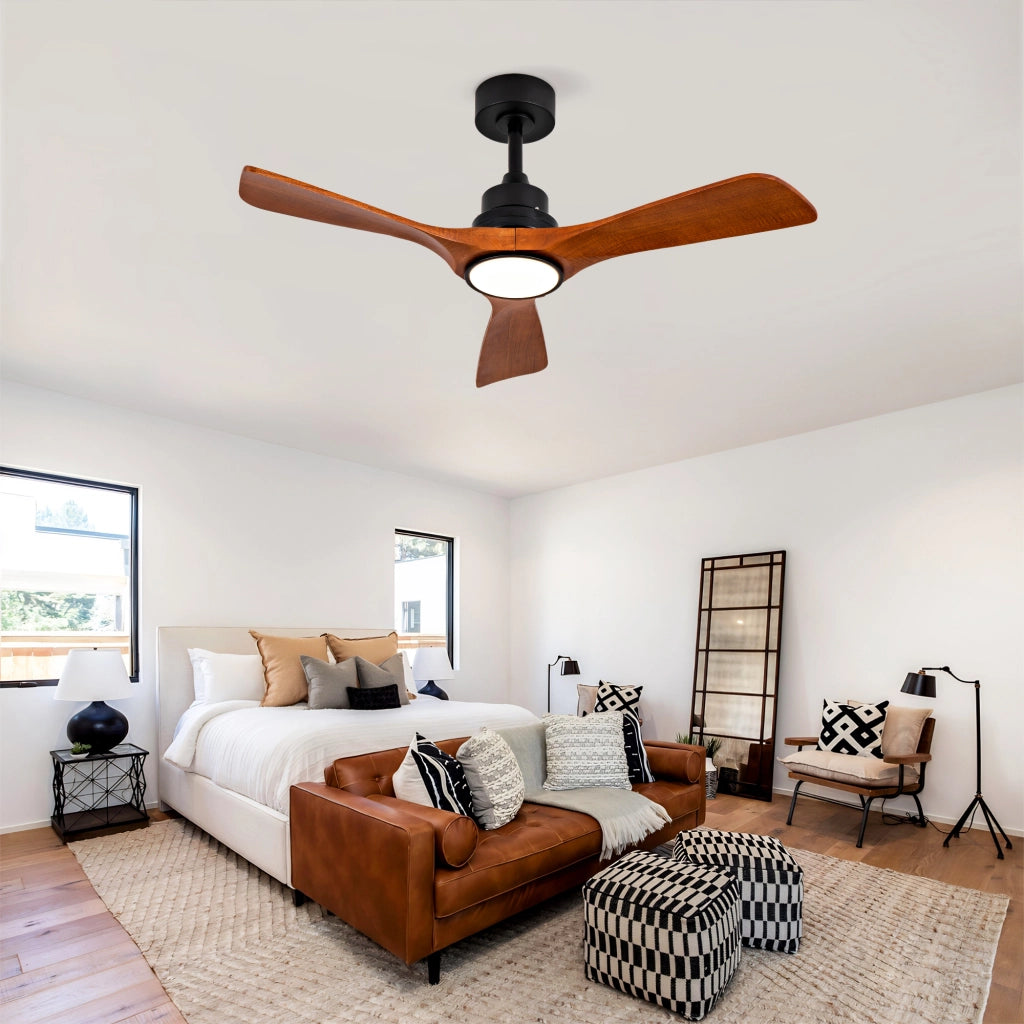 Ventilatore da soffitto 42 pollici con luce LED; 3 pale in legno noce scuro; motore DC reversibile nero 6 velocità