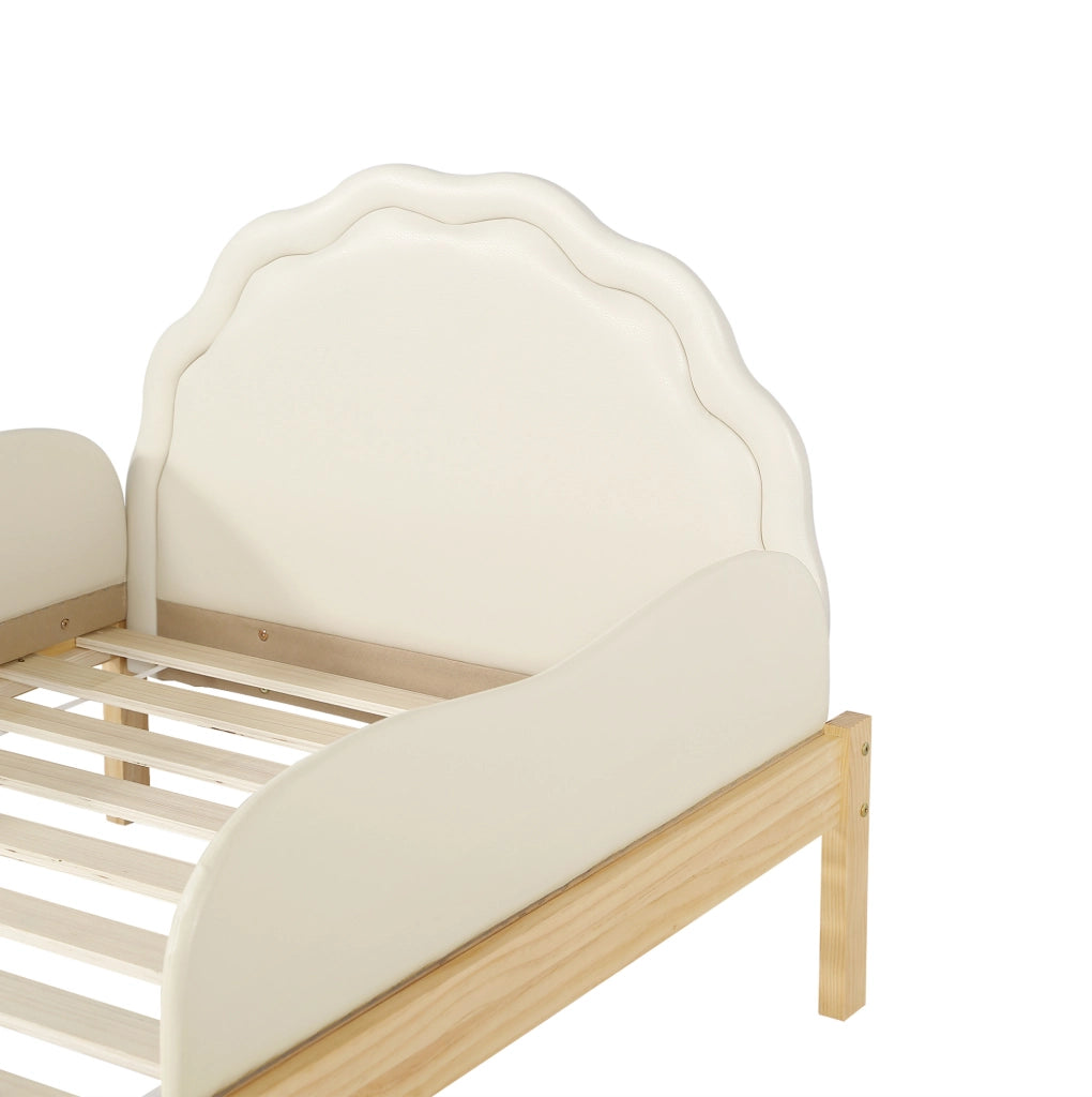 Letto singolo imbottito per bambini 90x200 cm con sponde laterali e testiera in PU beige HOMVRA