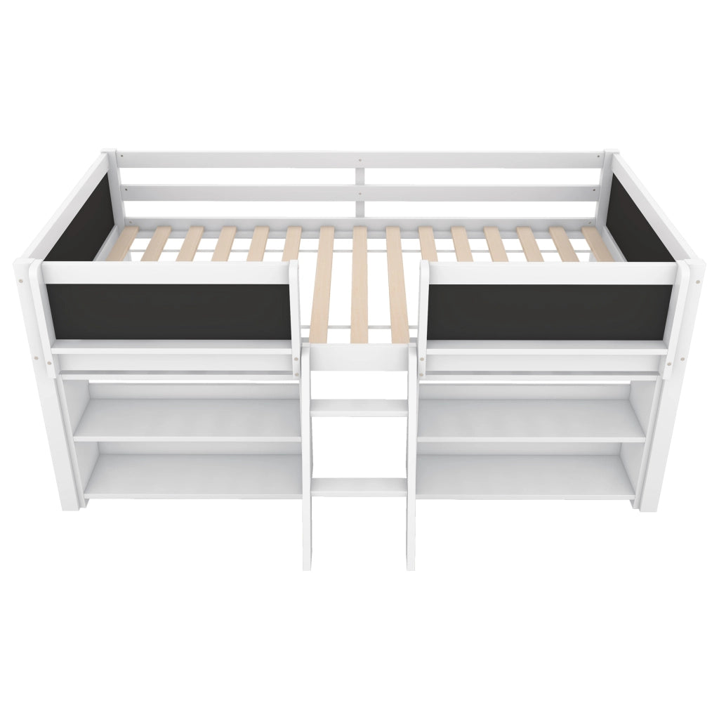 Letto a soppalco 90 × 200 cm con ripiani contenitori e scala in legno e MDF