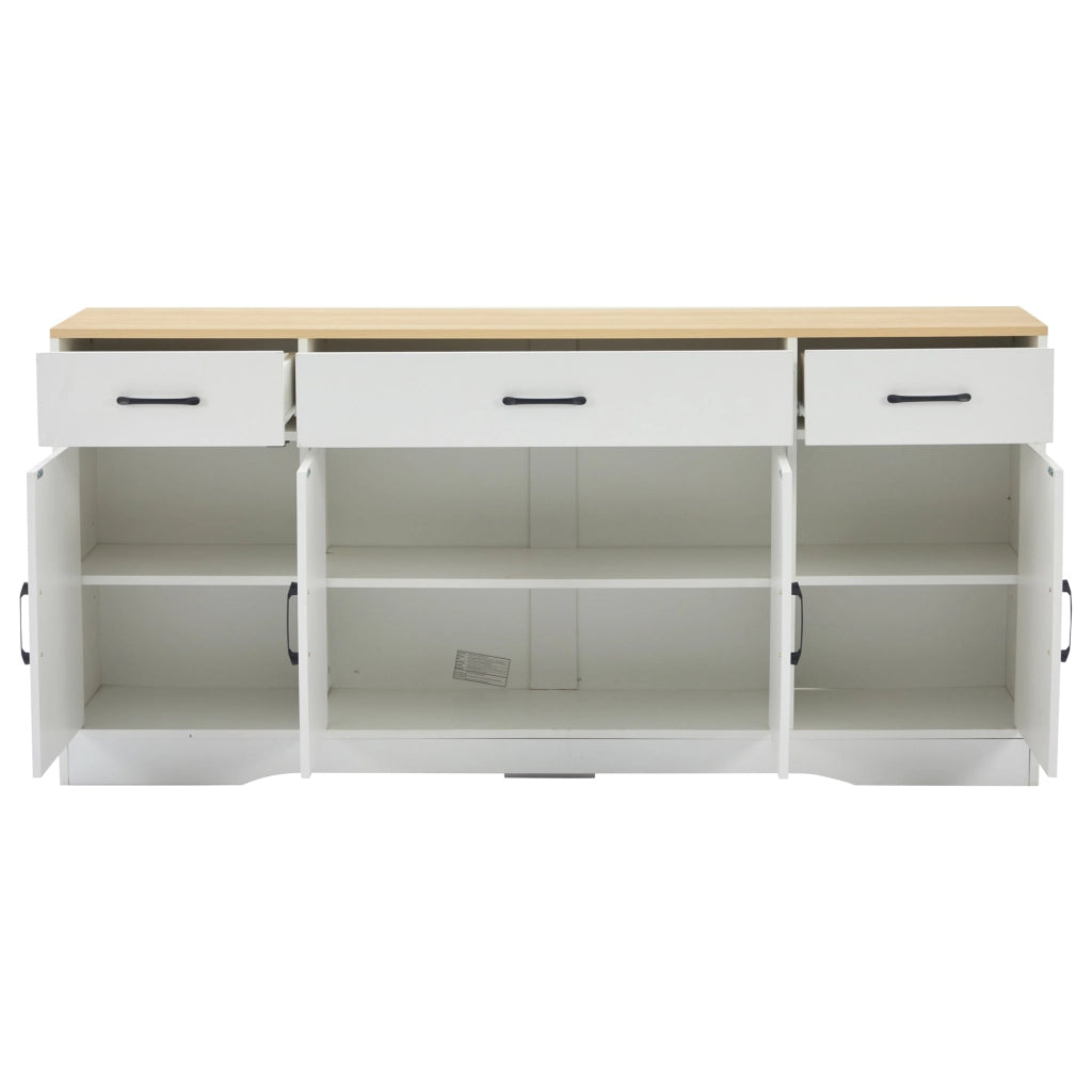 Credenza con 3 cassetti e 4 ante, vano portacavi, stile industriale per soggiorno, MDF bianco, 160 × 37 × 75 cm