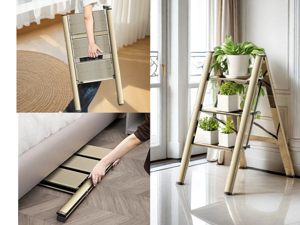 Scala pieghevole in alluminio color oro con gradini antiscivolo e piedini in gomma fino a 150 kg 65 × 45 × 82 cm