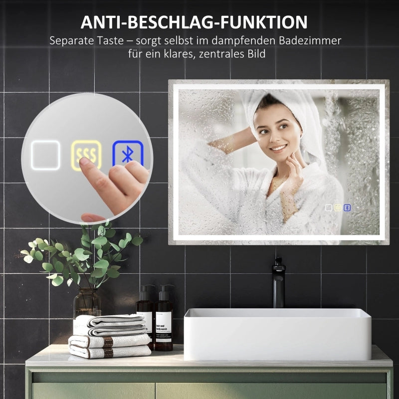Specchio da bagno LED con Bluetooth; orologio digitale; antiappannamento e controllo touch; argento