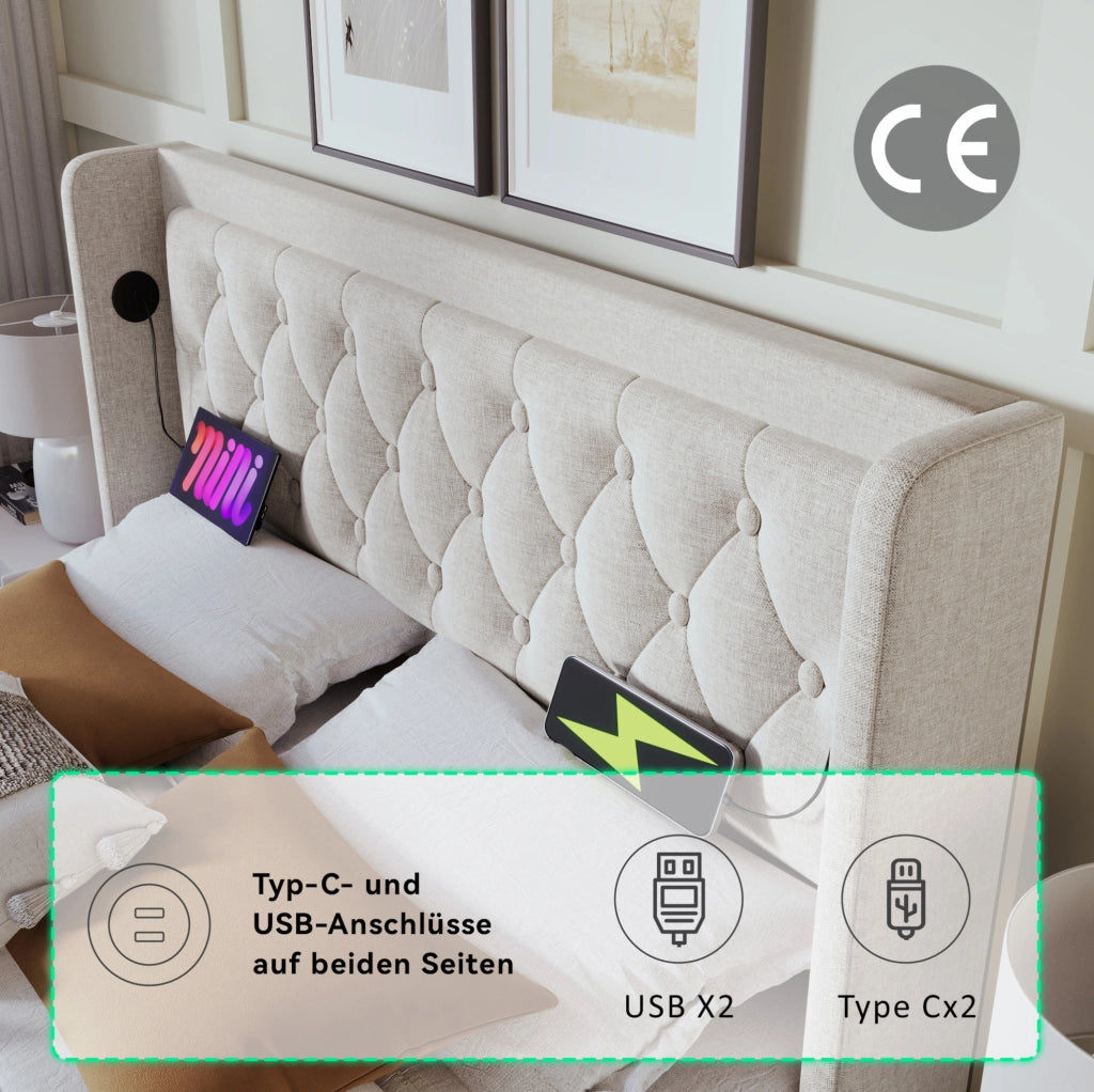 Letto contenitore beige 140 x 200 cm con LED, ricarica USB e Tipo-C