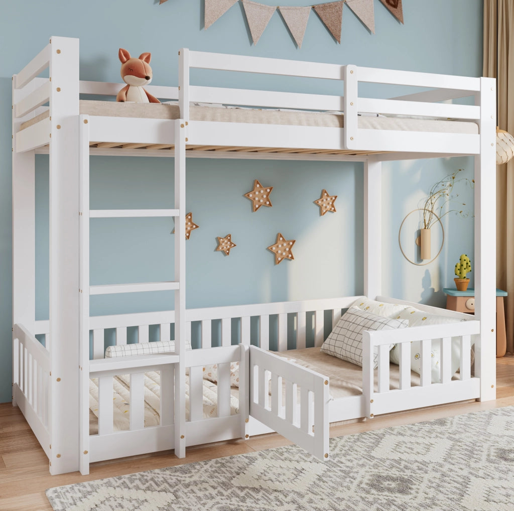 Letto a soppalco per bambini 90x200 cm in pino e compensato con scala e sponde; bianco