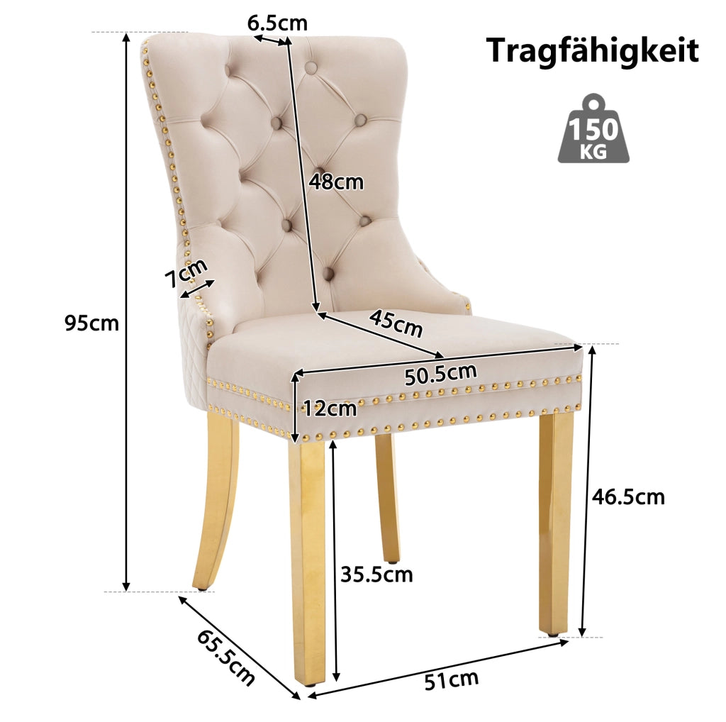 Sedia da pranzo imbottita in velluto beige con gambe in acciaio inox dorato