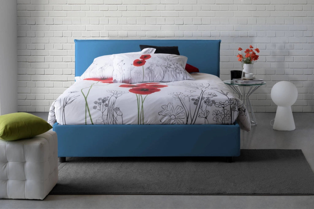Letto matrimoniale Alvacus, Letto contenitore con rivestimento in tessuto, Made in Italy, Apertura frontale, adatto per materasso cm 140x200, Blu