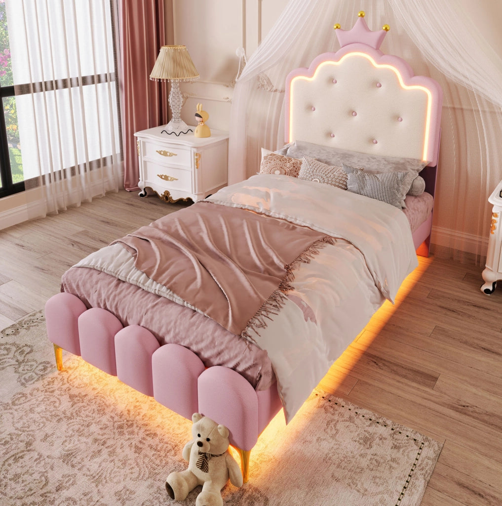 LETTO Principessa 90x200 cm in PU Rosa con luci LED