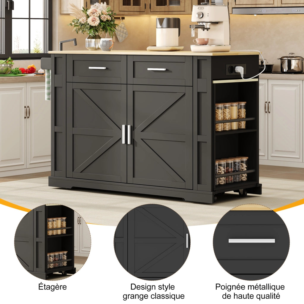 Mobile base da cucina con piano estraibile prese USB cassetti ruote e ripiano regolabile MDF nero naturale