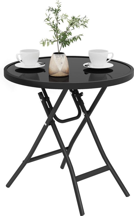 Tavolo Bistrot Rotondo Opportuno - Tavolo da Giardino/ Tavolo da Campeggio - Vetro Resistente/ Metallo - Nero