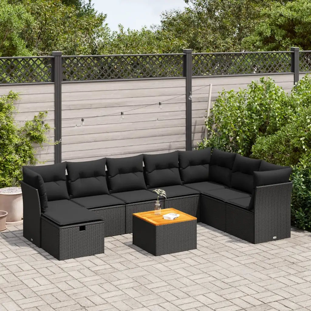 Set Divani da Giardino 9 pz con Cuscini Nero in Polyrattan 3325772