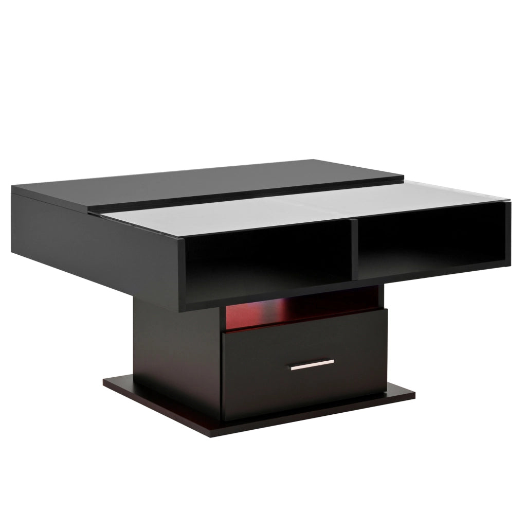 Tavolino da caffè 78x78x45.5/59.5 cm; sollevabile con LED e vano contenitore; truciolare; nero