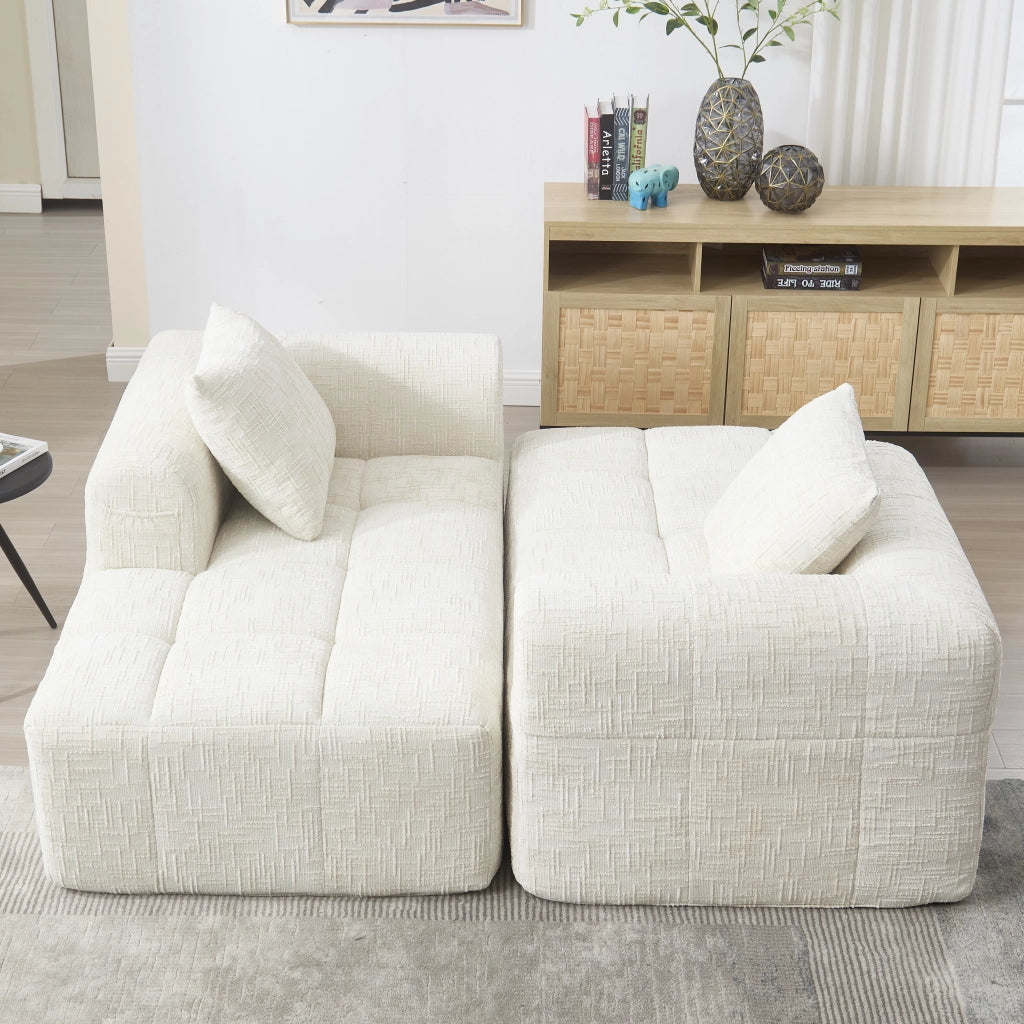 Divano 3 posti con penisola in ciniglia beige; 250 cm; senza montaggio; con tasche laterali e 3 cuscini