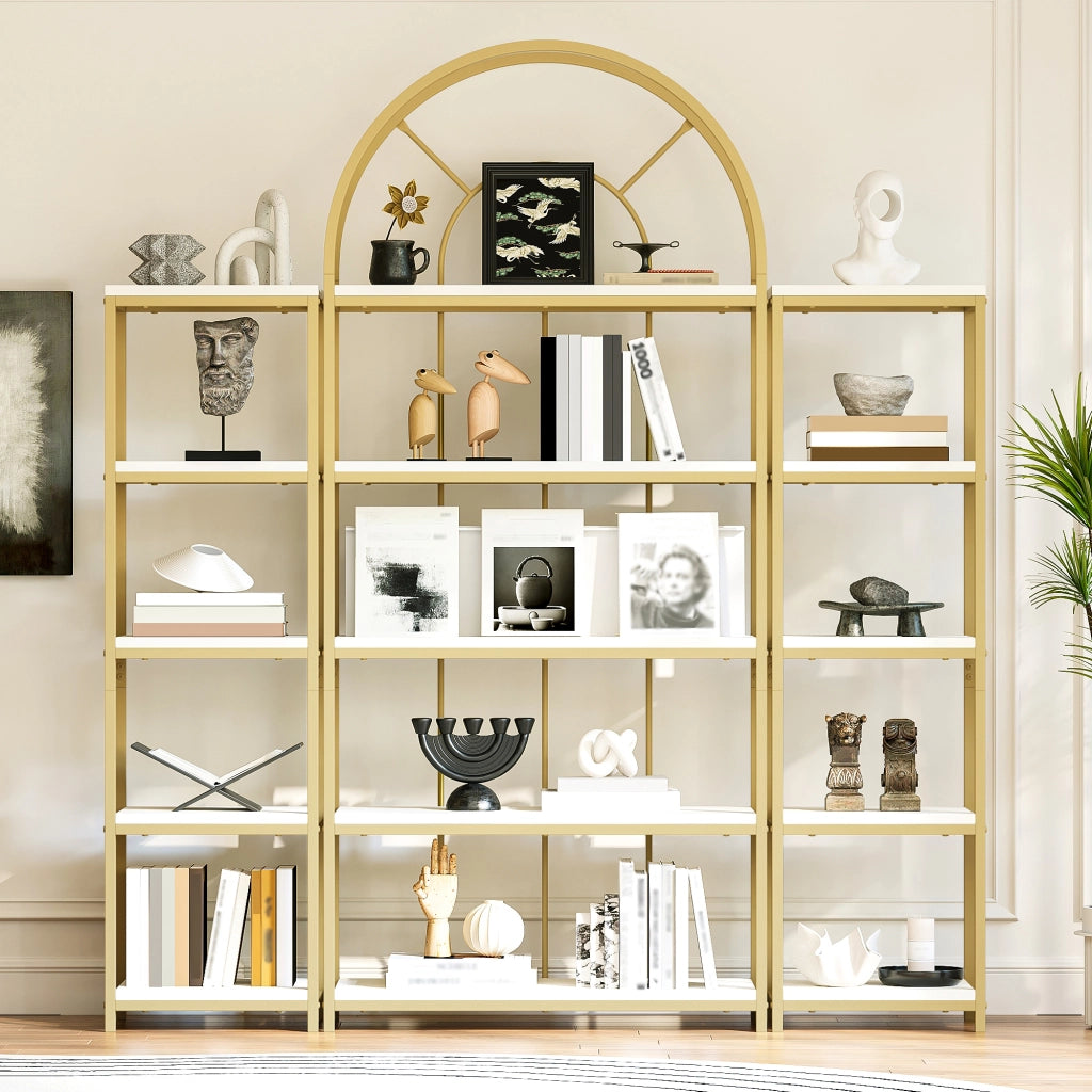 Libreria modulare con ripiani aperti e arco decorativo, per soggiorno e ufficio, oro e bianco, 163 × 30 × 184 cm