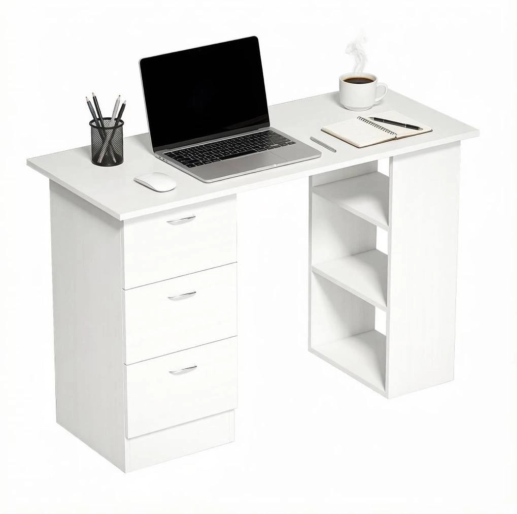 Scrivania per computer in MDF bianco con 3 cassetti e 3 ripiani