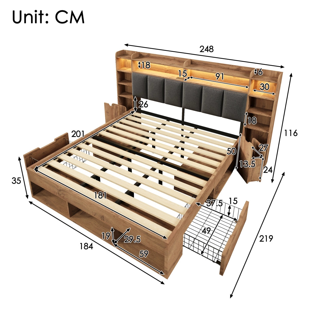 Letto Matrimoniale 180x200 cm Contenitore; LED; USB; Type-C in Legno; Rovere
