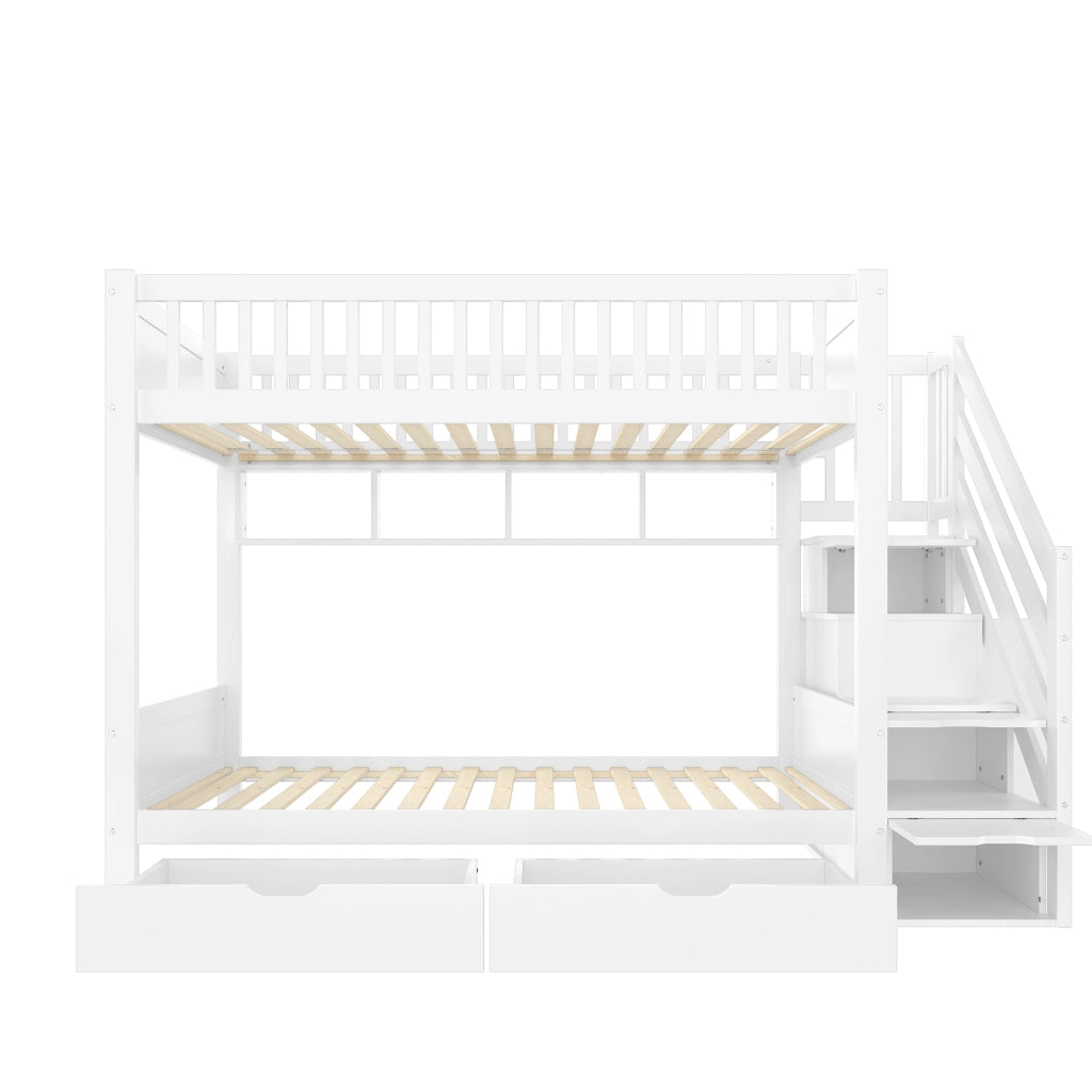 Letto a castello 90 × 200 cm 2 posti con armadio; 2 cassetti; 4 mensole e scala contenitore; senza materasso; bianco