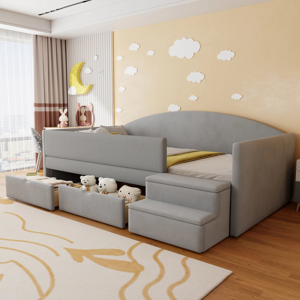 Letto per bambini 90 × 190 cm con 2 cassetti; barriere e gradini; senza materasso; imbottito grigio chiaro
