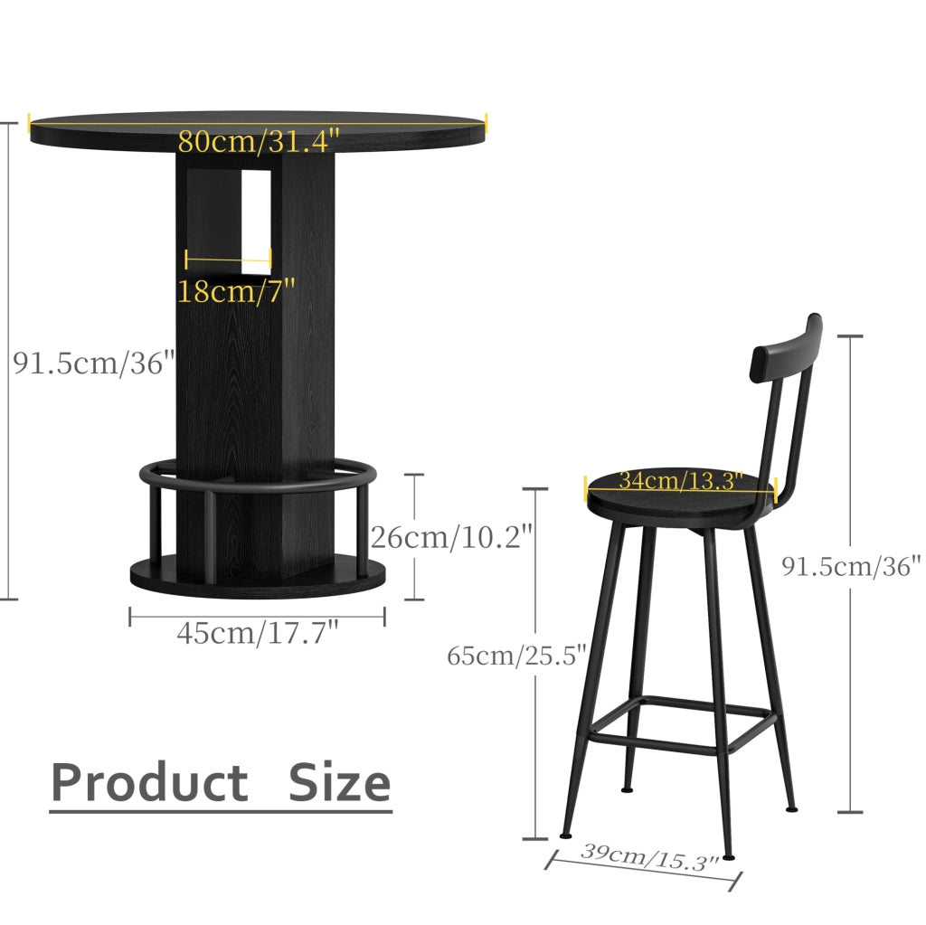 TAVOLO da bar rotondo 80 cm nero Set da 3 pezzi