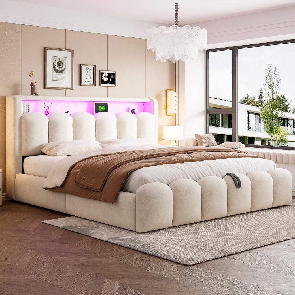 Letto contenitore 180x200 cm; matrimoniale con contenitore idraulico; testiera contenitore; LED; USB e Type-C; velluto; beige