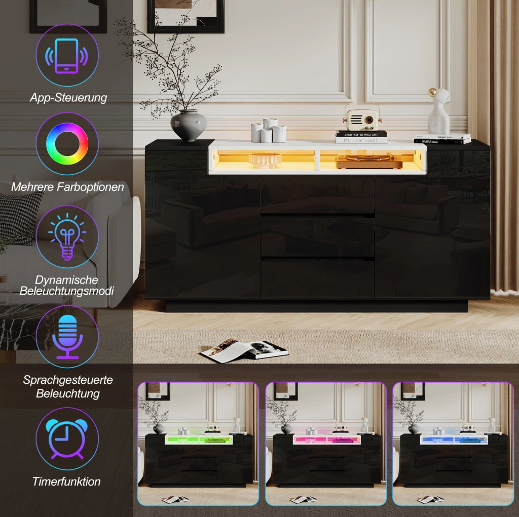 CREDENZA LED 140x40x68 cm con 2 ante e 3 cassetti in truciolare nero