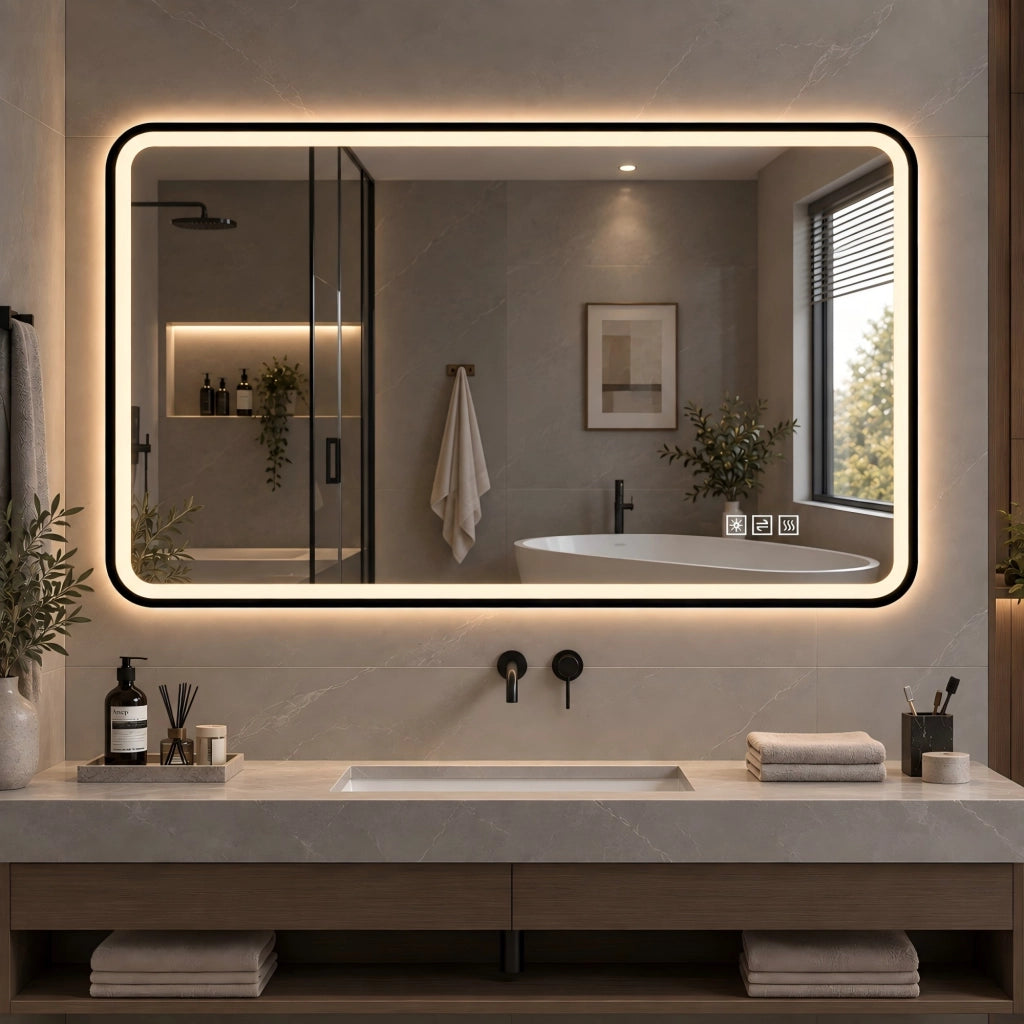 Specchio da bagno LED con cornice nera; luce frontale e posteriore; antiappannamento; dimmerabile; IP44