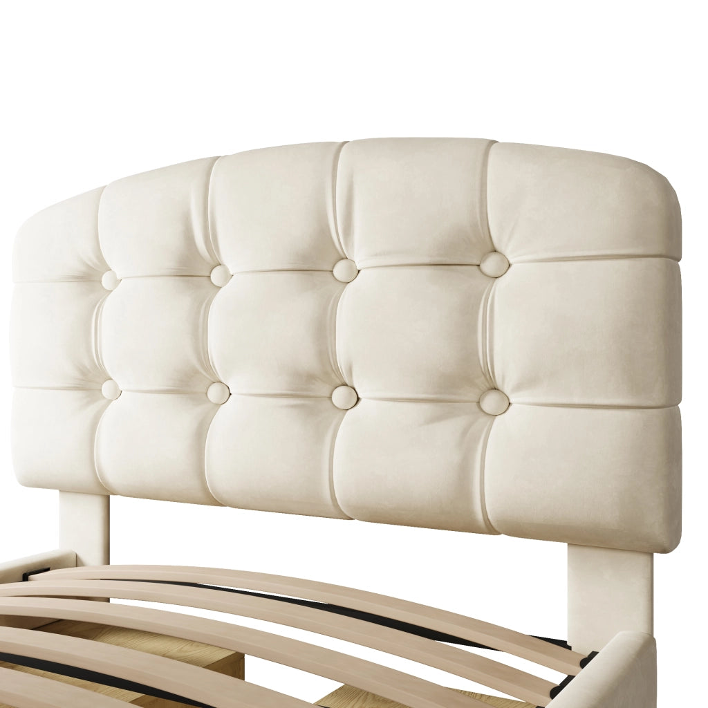 Letto singolo 90 × 200 cm con cassetti e vani portaoggetti; senza materasso; in velluto beige