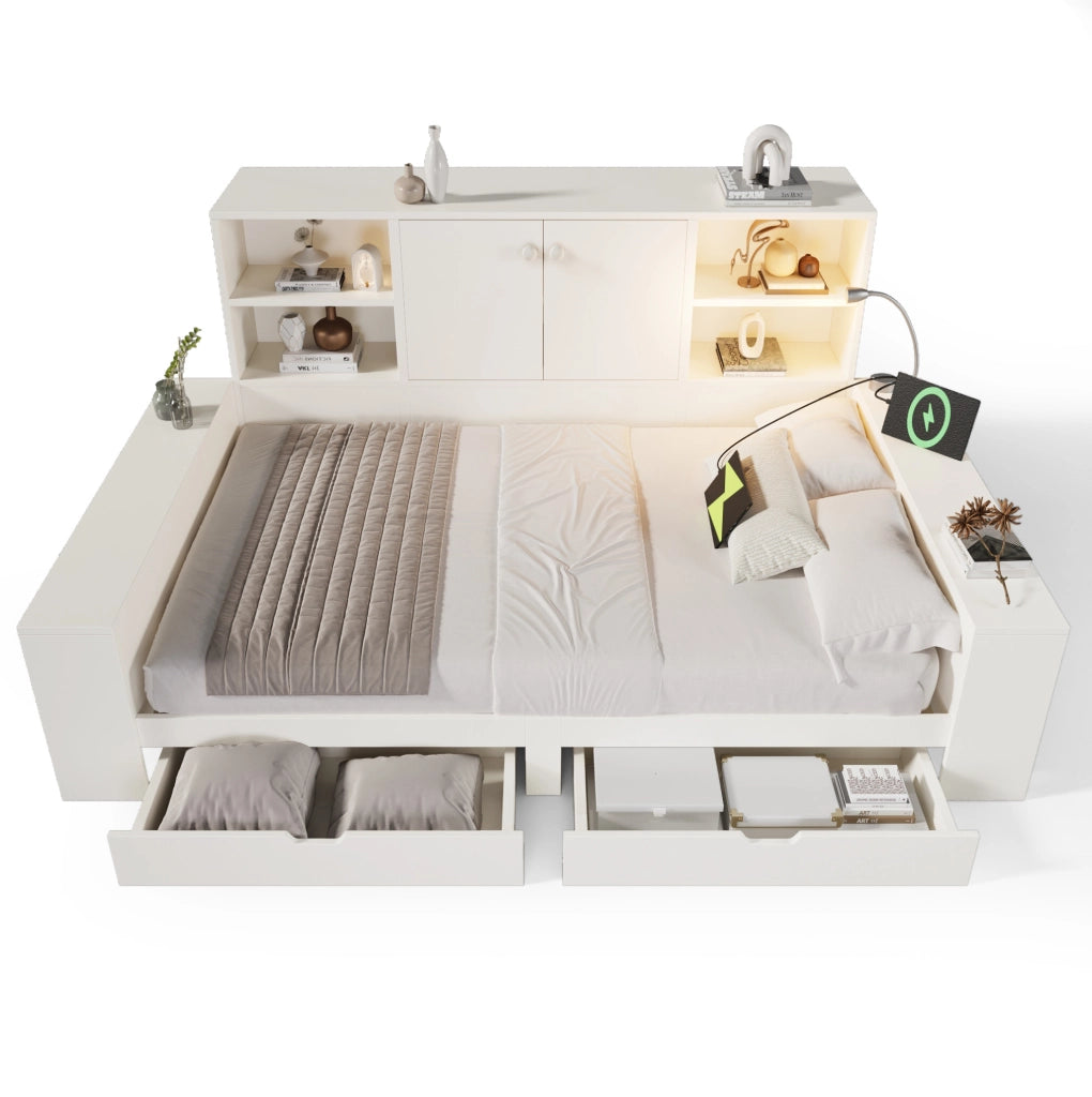 Letto matrimoniale 140x200 cm con cassetti; vano contenitore e prese USB/USB-C bianco HOMVRA