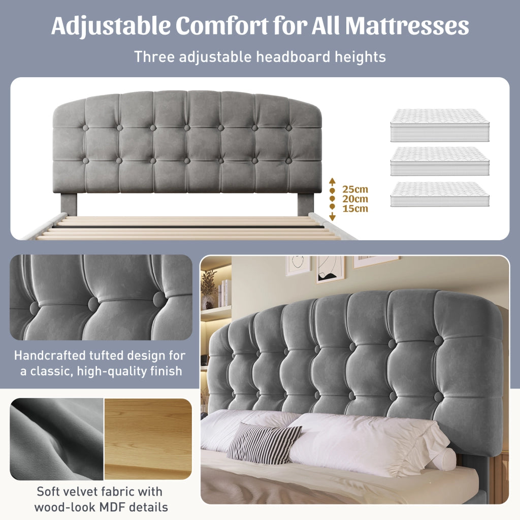 Letto con cassetti 140 × 190 cm con testiera regolabile rivestito in velluto grigio e rete a doghe