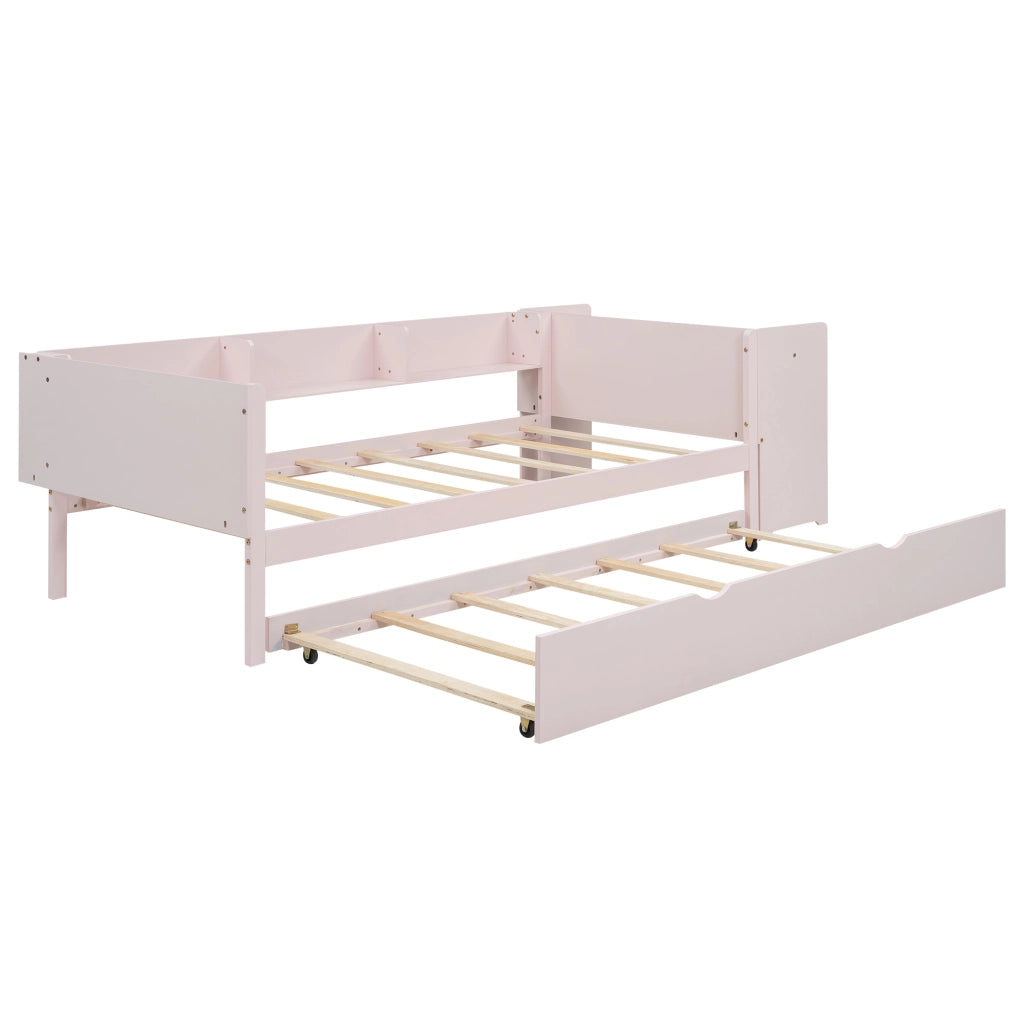 Letto per bambini 90×200 cm con letto estraibile; scrivania e 3 ripiani laterali; senza materasso; rosa
