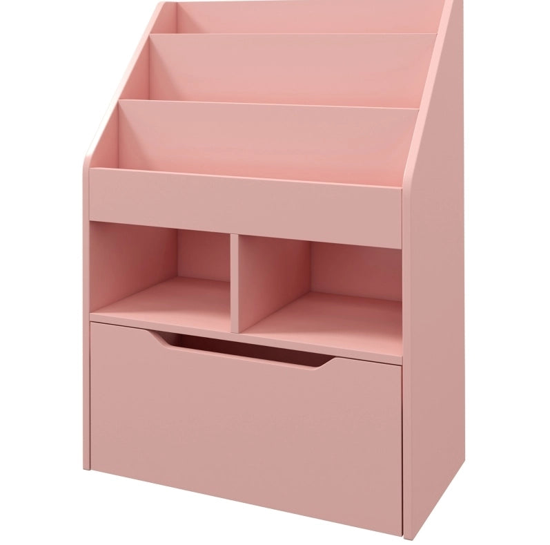 Libreria per bambini rosa con cassetto e 5 vani, 60x29,9x90 cm